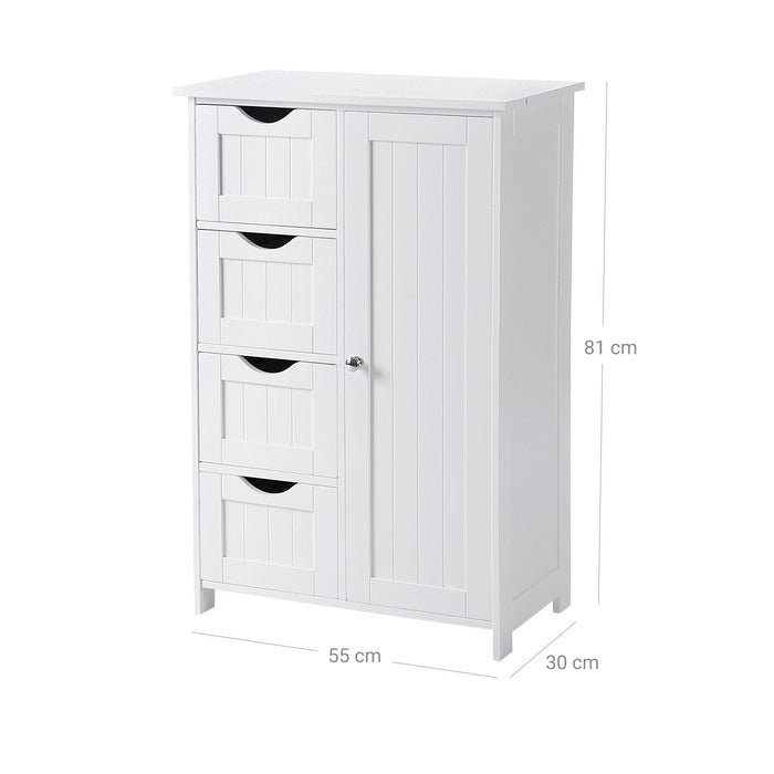 AUSLAUF VASAGLE | Bathroom Floor Storage Cabinet, Wooden Storage Unit with 4 Drawers, Single Door, Adjustable Shelf, for Living Room, Kitchen, Entryway, weiß LHC41W