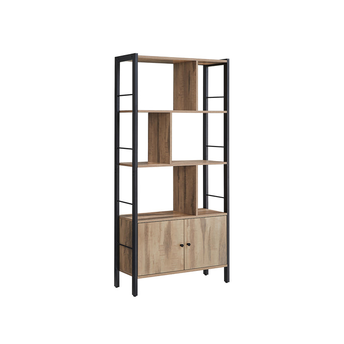 AUSLAUF VASAGLE | Bookshelf, Storage Shelf, Large Bookcase with Doors, 4 Shelves, Steel Structure, Industrial Style, for Living Room, Office, Toasted Oak Colour und Black LBC022B50