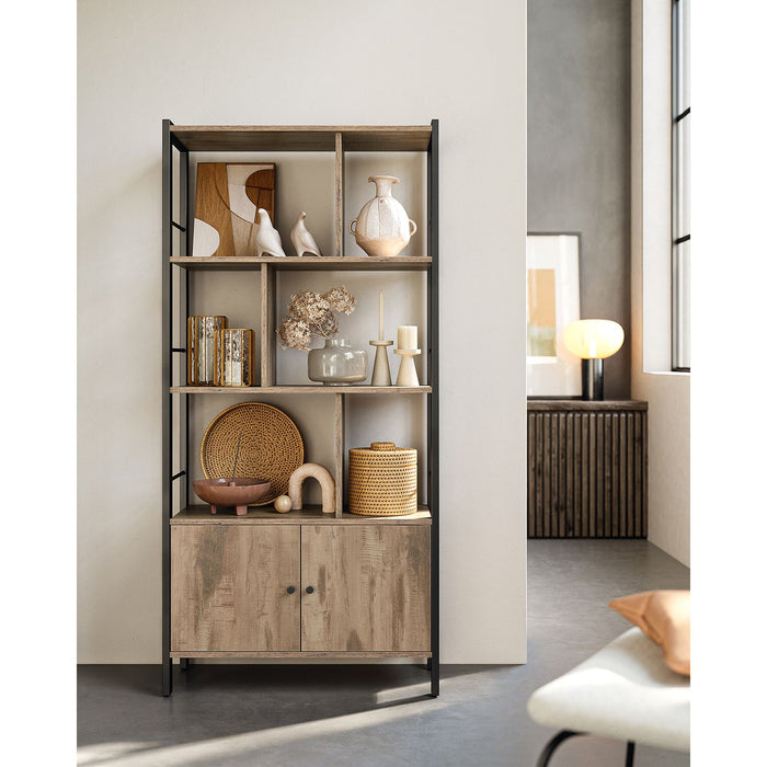 AUSLAUF VASAGLE | Bookshelf, Storage Shelf, Large Bookcase with Doors, 4 Shelves, Steel Structure, Industrial Style, for Living Room, Office, Toasted Oak Colour und Black LBC022B50