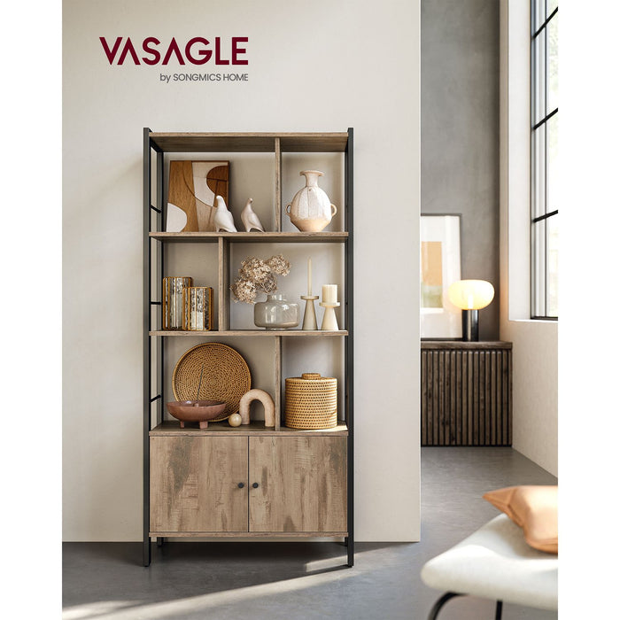 AUSLAUF VASAGLE | Bookshelf, Storage Shelf, Large Bookcase with Doors, 4 Shelves, Steel Structure, Industrial Style, for Living Room, Office, Toasted Oak Colour und Black LBC022B50