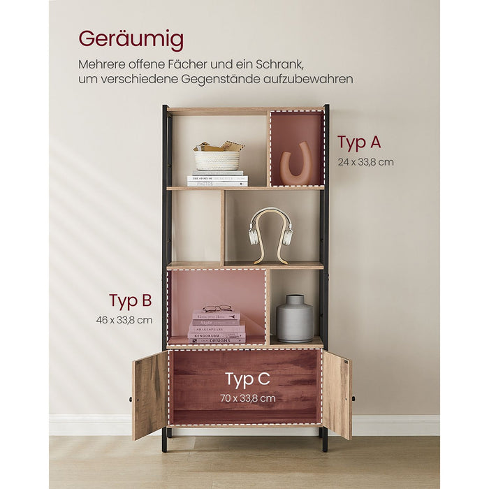 AUSLAUF VASAGLE | Bookshelf, Storage Shelf, Large Bookcase with Doors, 4 Shelves, Steel Structure, Industrial Style, for Living Room, Office, Toasted Oak Colour und Black LBC022B50