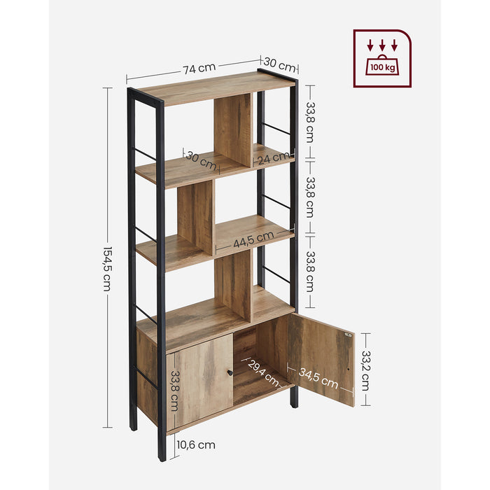 AUSLAUF VASAGLE | Bookshelf, Storage Shelf, Large Bookcase with Doors, 4 Shelves, Steel Structure, Industrial Style, for Living Room, Office, Toasted Oak Colour und Black LBC022B50
