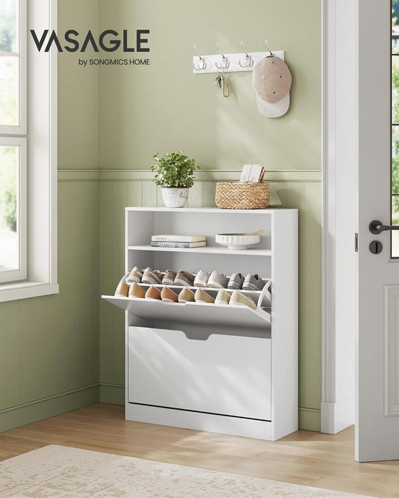 AUSLAUF VASAGLE | LBC048W01 Shoe Rack with 2 Drops, Open Compartment, Adjustable Divider, Hallway, Fits 11-16 Pairs of Shoes, 24 x 80 x 102 cm, Cloud weiß