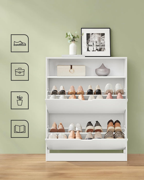 AUSLAUF VASAGLE | LBC048W01 Shoe Rack with 2 Drops, Open Compartment, Adjustable Divider, Hallway, Fits 11-16 Pairs of Shoes, 24 x 80 x 102 cm, Cloud weiß