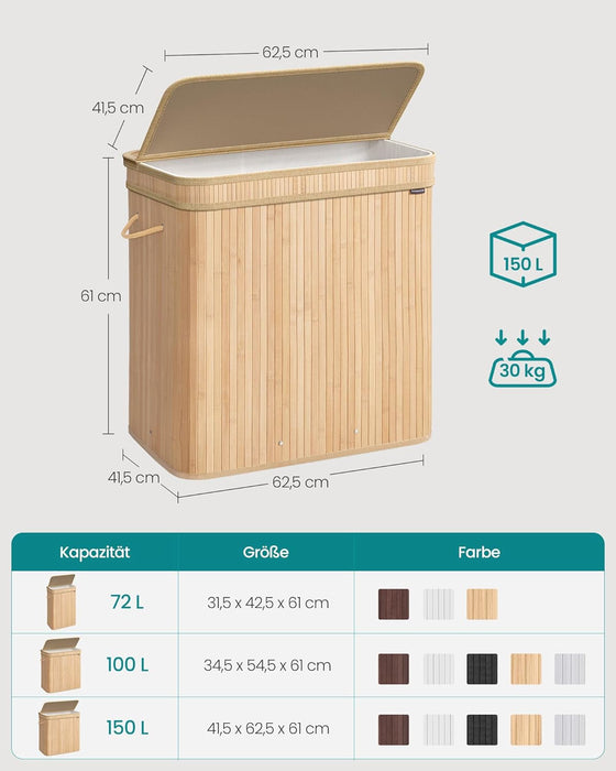 AUSLAUF SONGMICS | Laundry Hamper with Lid, Bamboo Laundry Basket, Removable Machine Washable Hamper Basket, with Handles, 150 L, for Laundry Room, Bedroom, Washroom, Natural Beige LCB062N01