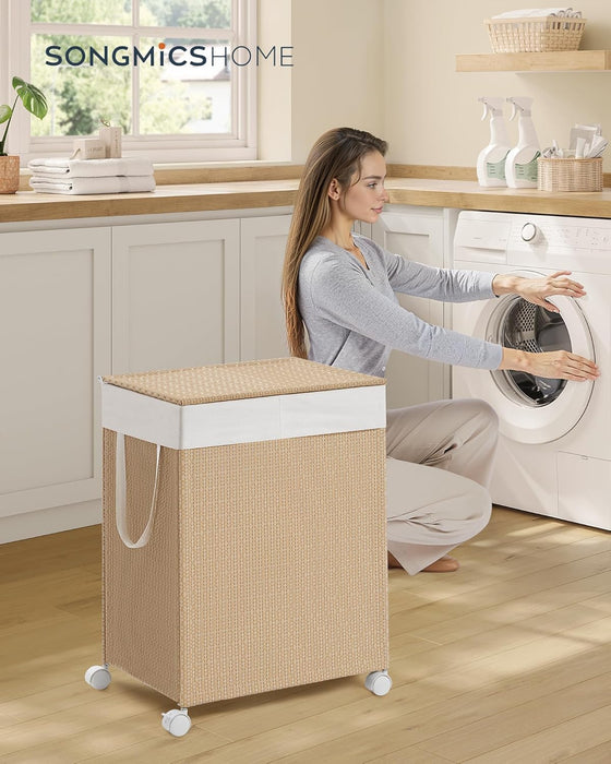 SONGMICS HOME | Wäschekorb 100 L mit 2 Fächern und Rollen naturbeige-mattweiß