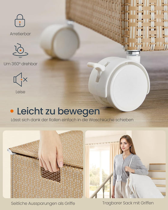 SONGMICS HOME | Wäschekorb 100 L mit 2 Fächern und Rollen naturbeige-mattweiß