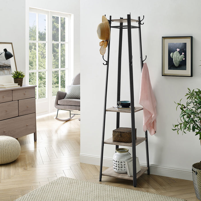 AUSLAUF VASAGLE | Coat Rack, Coat Stand with 3 Shelves, Ladder Shelf with Hooks for Scarves, Bags und Umbrellas, Steel Frame, Industrial Style, Greige und Black LCR080B02