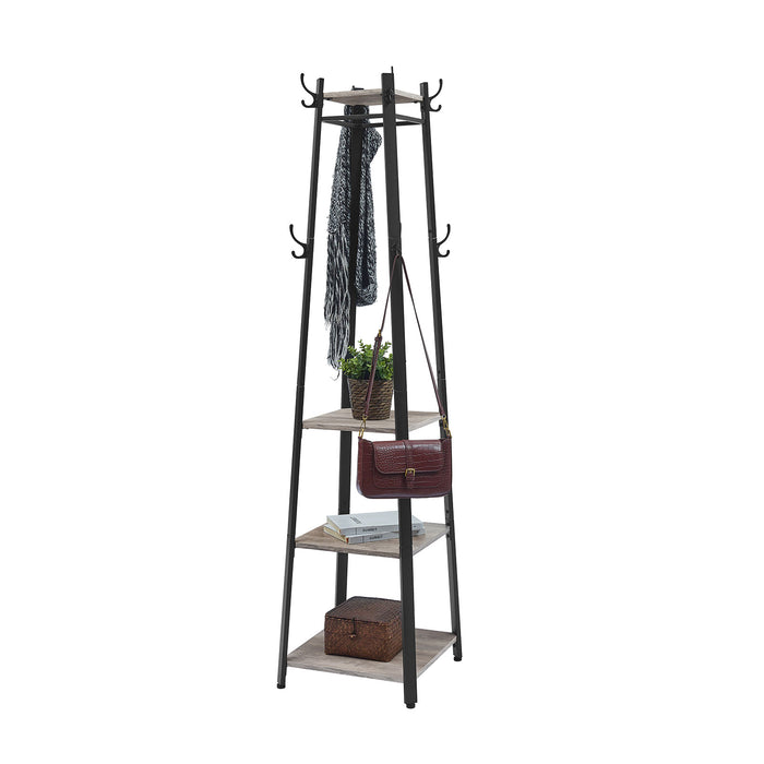 AUSLAUF VASAGLE | Coat Rack, Coat Stand with 3 Shelves, Ladder Shelf with Hooks for Scarves, Bags und Umbrellas, Steel Frame, Industrial Style, Greige und Black LCR080B02