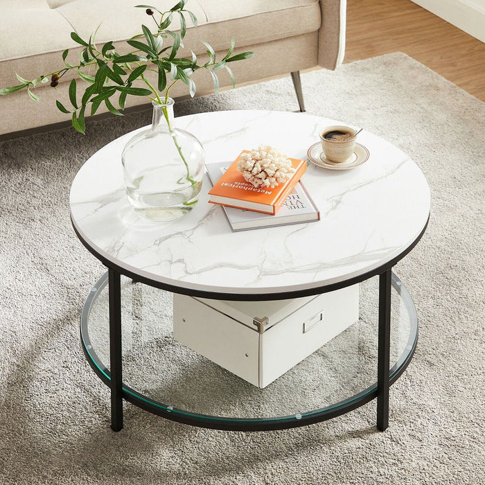 AUSLAUF VASAGLE | LCT071B13 Coffee Table, Living Room Table, Sofa Table, with Glass Top, Large Storage Space, Easy Assembly, Modern Style, weiß Marble Effect, Black Frame