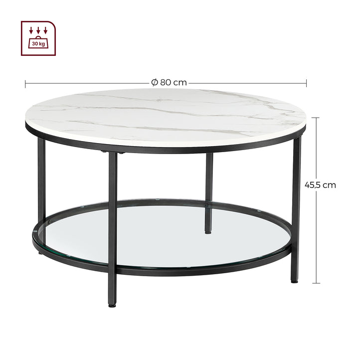 AUSLAUF VASAGLE | LCT071B13 Coffee Table, Living Room Table, Sofa Table, with Glass Top, Large Storage Space, Easy Assembly, Modern Style, weiß Marble Effect, Black Frame