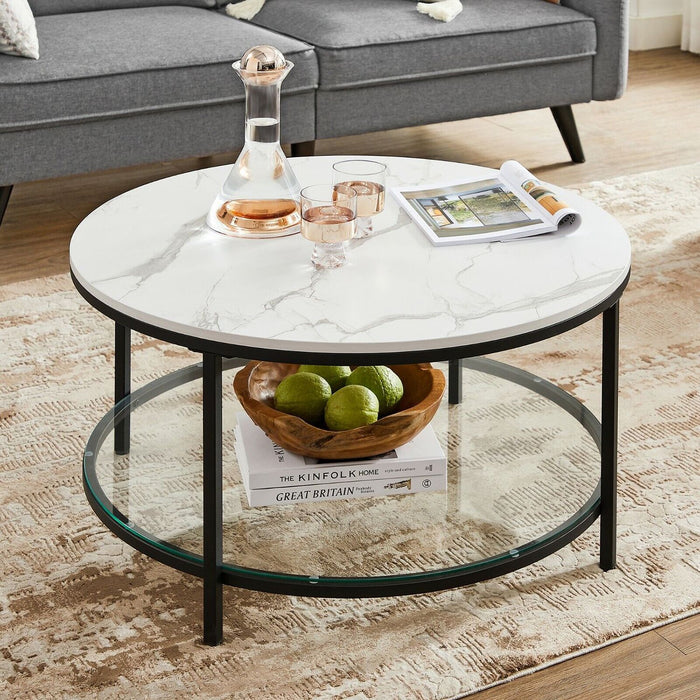 AUSLAUF VASAGLE | LCT071B13 Coffee Table, Living Room Table, Sofa Table, with Glass Top, Large Storage Space, Easy Assembly, Modern Style, weiß Marble Effect, Black Frame
