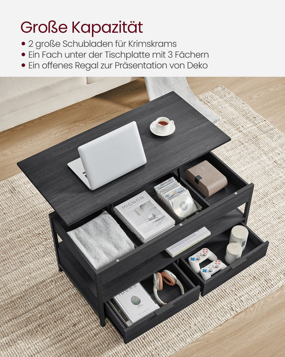 AUSLAUF VASAGLE | Lift Top Coffee Table, Living Room Table, with Storage Drawers, versteckt Compartments, und Open Shelf, Charcoal grau und Ink Black LCT209B22