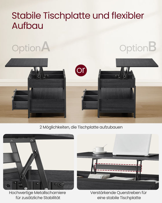 AUSLAUF VASAGLE | Lift Top Coffee Table, Living Room Table, with Storage Drawers, versteckt Compartments, und Open Shelf, Charcoal grau und Ink Black LCT209B22