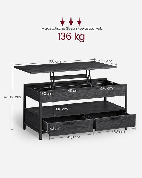 AUSLAUF VASAGLE | Lift Top Coffee Table, Living Room Table, with Storage Drawers, versteckt Compartments, und Open Shelf, Charcoal grau und Ink Black LCT209B22