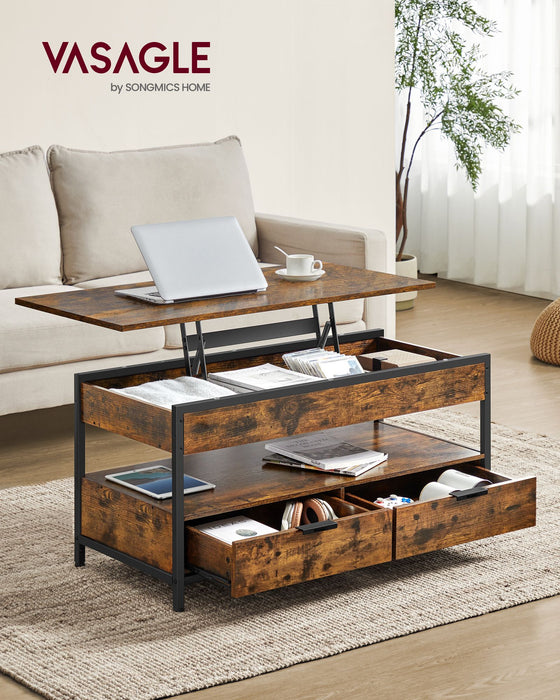 AUSLAUF VASAGLE | Lift Top Coffee Table, Living Room Table, with Storage Drawers, versteckt Compartments, und Open Shelf, rustikal braun und Ink Black LCT209K01