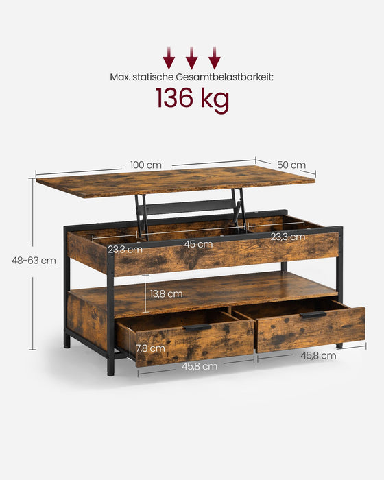 AUSLAUF VASAGLE | Lift Top Coffee Table, Living Room Table, with Storage Drawers, versteckt Compartments, und Open Shelf, rustikal braun und Ink Black LCT209K01