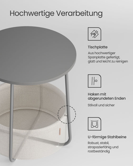 AUSLAUF VASAGLE | Petite Table Basse Ronde, Table d’Appoint avec Panier en Tissu, Rangement, pour Salon, Chambre, Table de Chevet, Style Moderne, Gris Ciment et Blanc Nuage LET223G49