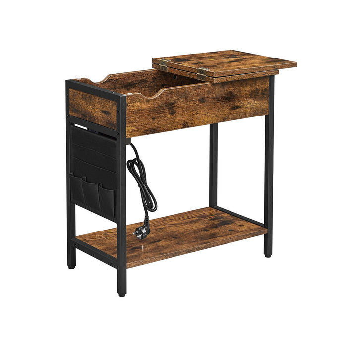 AUSLAUF VASAGLE | Side Table Folding Bedside Table with Sockets Folding Table Top with Shelf und Fabric Bag for Living Room Bedroom Vintage Brown Black LET311B01