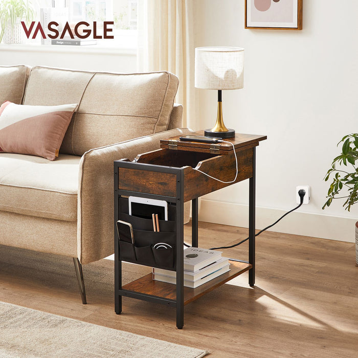AUSLAUF VASAGLE | Side Table Folding Bedside Table with Sockets Folding Table Top with Shelf und Fabric Bag for Living Room Bedroom Vintage Brown Black LET311B01