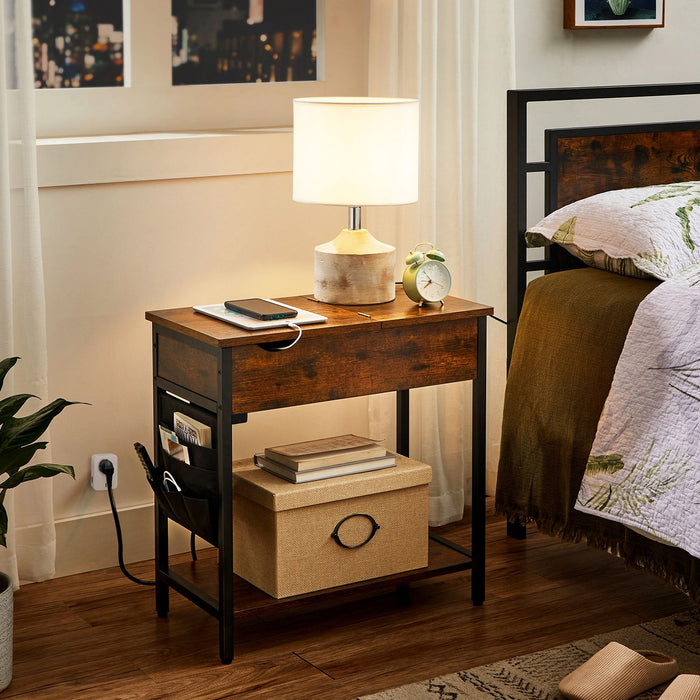 AUSLAUF VASAGLE | Side Table Folding Bedside Table with Sockets Folding Table Top with Shelf und Fabric Bag for Living Room Bedroom Vintage Brown Black LET311B01