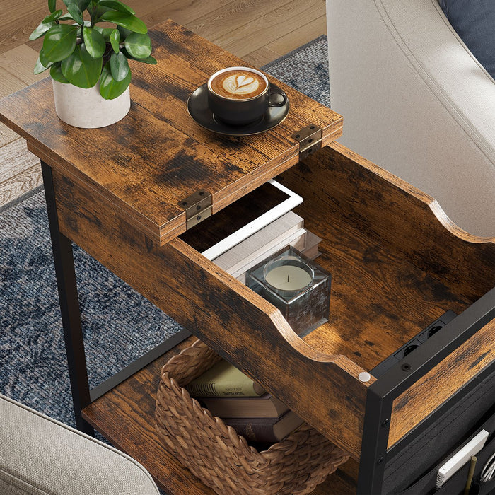 AUSLAUF VASAGLE | Side Table Folding Bedside Table with Sockets Folding Table Top with Shelf und Fabric Bag for Living Room Bedroom Vintage Brown Black LET311B01