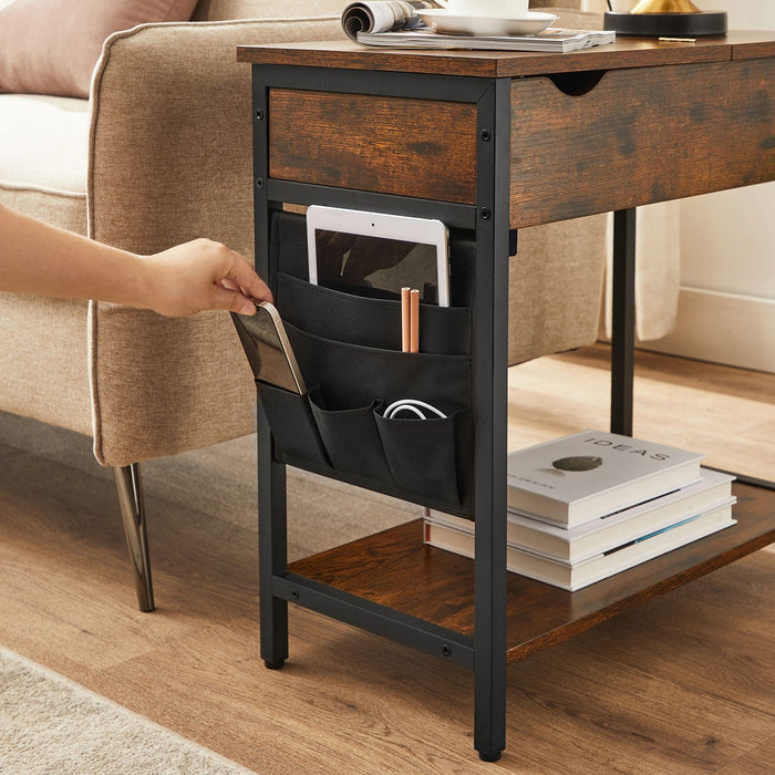 AUSLAUF VASAGLE | Side Table Folding Bedside Table with Sockets Folding Table Top with Shelf und Fabric Bag for Living Room Bedroom Vintage Brown Black LET311B01