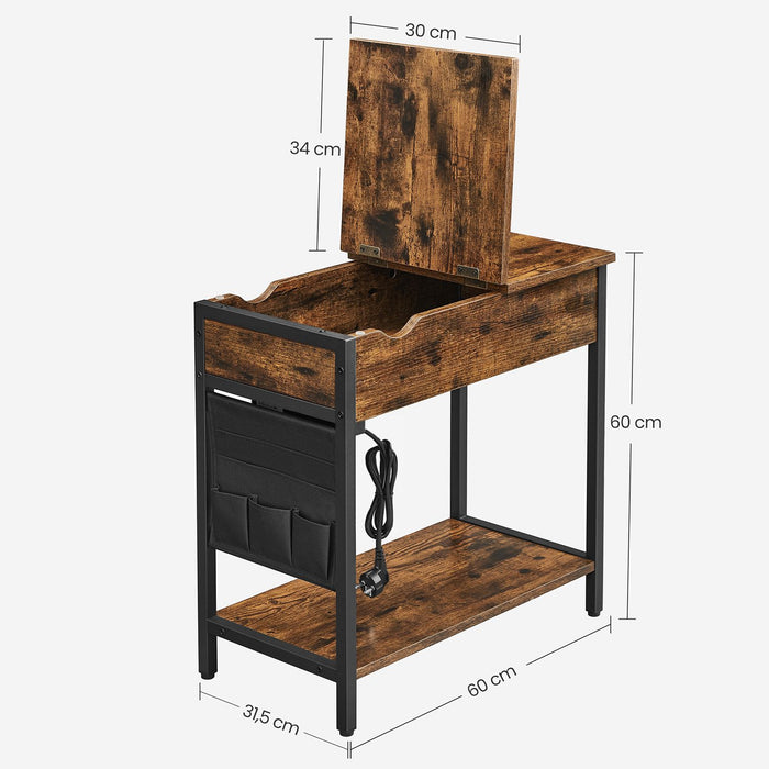 AUSLAUF VASAGLE | Side Table Folding Bedside Table with Sockets Folding Table Top with Shelf und Fabric Bag for Living Room Bedroom Vintage Brown Black LET311B01