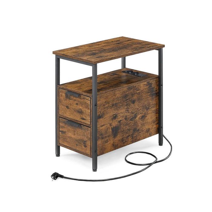 AUSLAUF VASAGLE | Side Table, Bedside Table with Power Strip, 2 Drawers, Sofa Table, Bedside Cabinet for Living Room, Bedroom, Vintage Brown/Classic Black, LET325B01