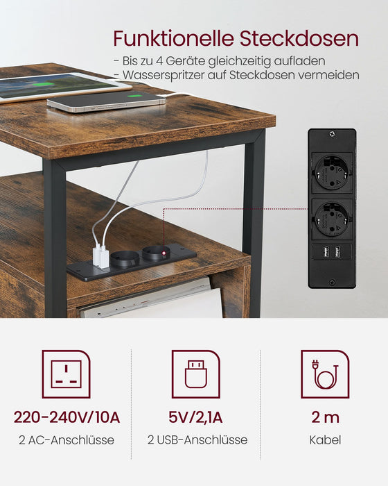 AUSLAUF VASAGLE | Side Table, Bedside Table with Power Strip, 2 Drawers, Sofa Table, Bedside Cabinet for Living Room, Bedroom, Vintage Brown/Classic Black, LET325B01