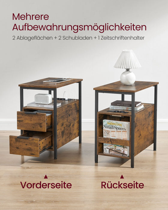 AUSLAUF VASAGLE | Side Table, Bedside Table with Power Strip, 2 Drawers, Sofa Table, Bedside Cabinet for Living Room, Bedroom, Vintage Brown/Classic Black, LET325B01