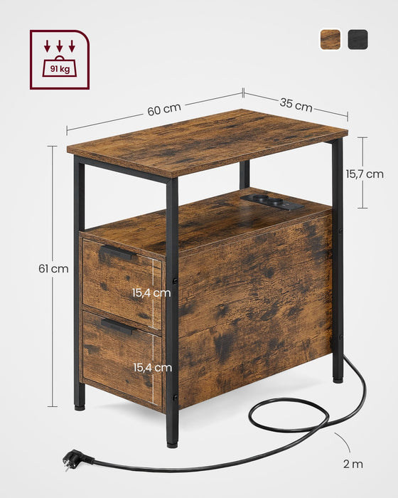 AUSLAUF VASAGLE | Side Table, Bedside Table with Power Strip, 2 Drawers, Sofa Table, Bedside Cabinet for Living Room, Bedroom, Vintage Brown/Classic Black, LET325B01
