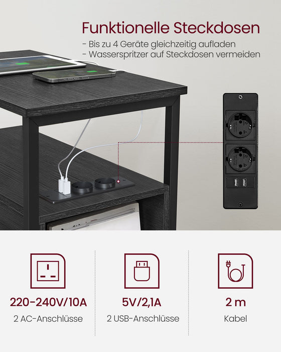 AUSLAUF VASAGLE | Side Table, Bedside Table with Power Strip, 2 Drawers, Sofa Table, Bedside Cabinet for Living Room, Bedroom, Anthracite grau Classic Black LET325B22