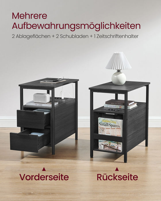 AUSLAUF VASAGLE | Side Table, Bedside Table with Power Strip, 2 Drawers, Sofa Table, Bedside Cabinet for Living Room, Bedroom, Anthracite grau Classic Black LET325B22