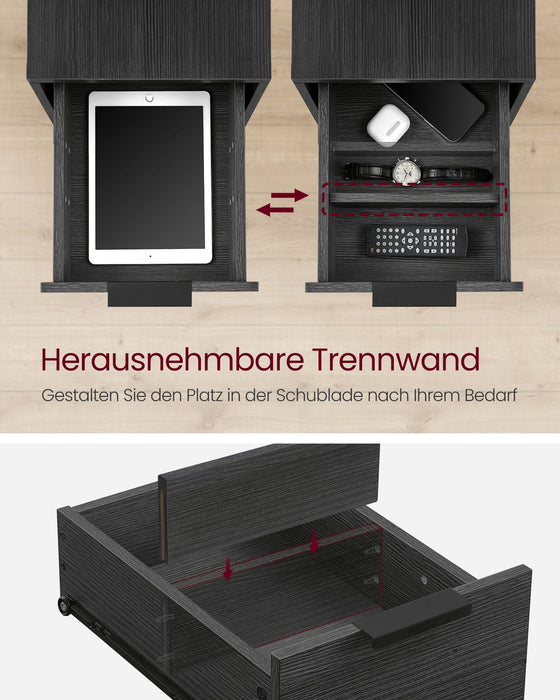 AUSLAUF VASAGLE | Side Table, Bedside Table with Power Strip, 2 Drawers, Sofa Table, Bedside Cabinet for Living Room, Bedroom, Anthracite grau Classic Black LET325B22