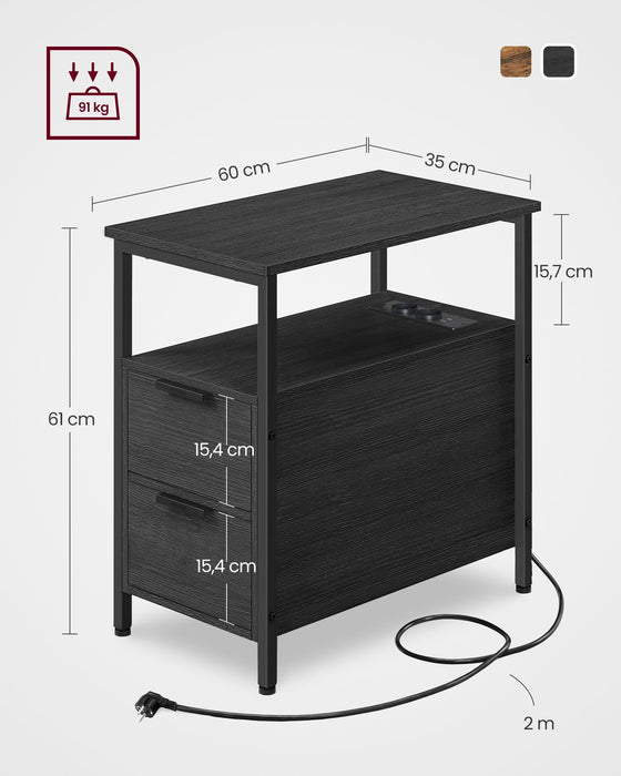 AUSLAUF VASAGLE | Side Table, Bedside Table with Power Strip, 2 Drawers, Sofa Table, Bedside Cabinet for Living Room, Bedroom, Anthracite grau Classic Black LET325B22