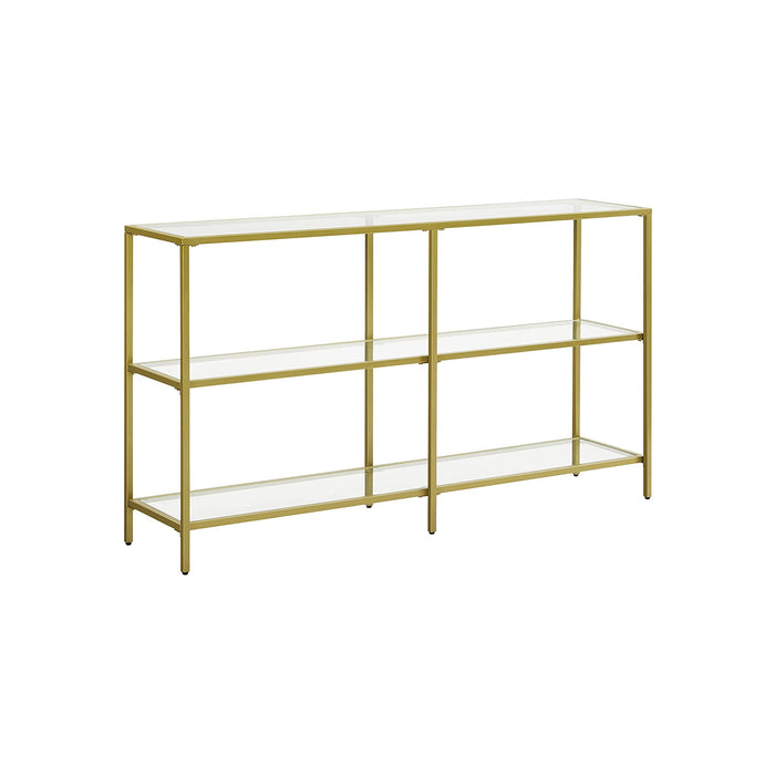 AUSLAUF VASAGLE | Console Table, Sofa Table with 3 Shelves, Tempered Glass Shelf, 130 x 30 x 73.3 cm, Metal Frame, Modern, for Hallway Living Room Bedroom, gold Colour LGT024A01