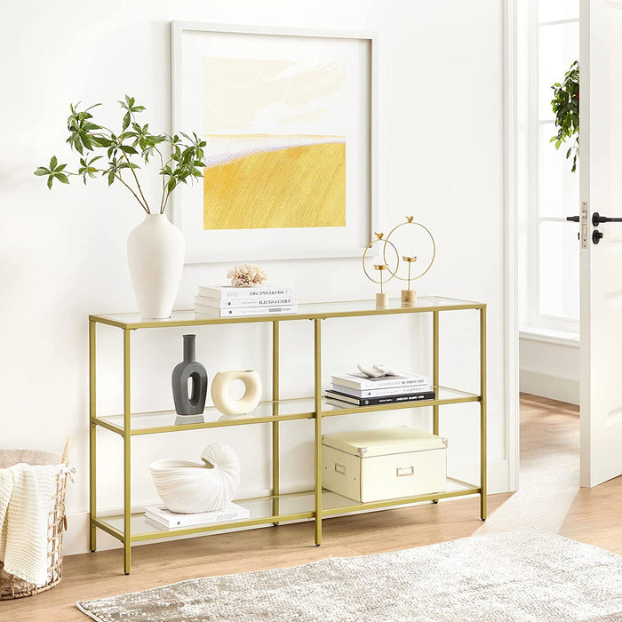 AUSLAUF VASAGLE | Console Table, Sofa Table with 3 Shelves, Tempered Glass Shelf, 130 x 30 x 73.3 cm, Metal Frame, Modern, for Hallway Living Room Bedroom, gold Colour LGT024A01