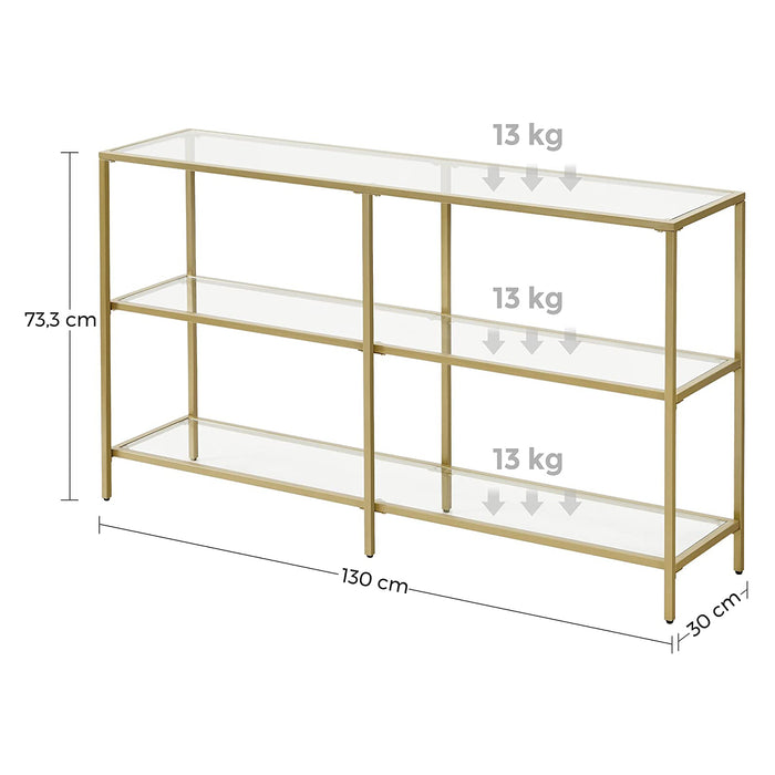 AUSLAUF VASAGLE | Console Table, Sofa Table with 3 Shelves, Tempered Glass Shelf, 130 x 30 x 73.3 cm, Metal Frame, Modern, for Hallway Living Room Bedroom, gold Colour LGT024A01