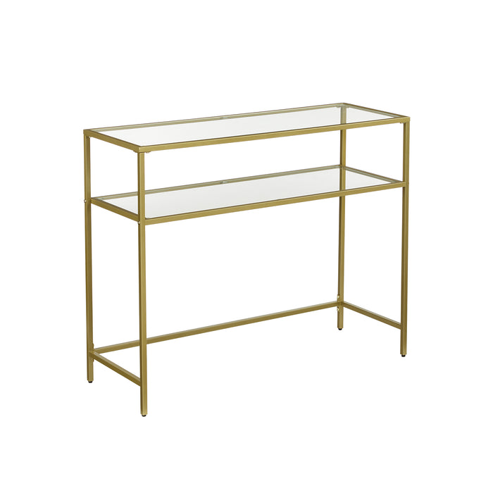AUSLAUF VASAGLE | Console Table, Tempered Glass Table, Modern Sofa or Entryway Table, Metal Frame, 2 Shelves, Adjustable Feet, for Living Room, Hallway, gold Colour LGT025A01