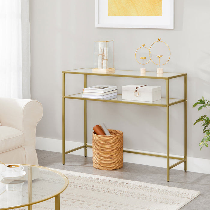 AUSLAUF VASAGLE | Console Table, Tempered Glass Table, Modern Sofa or Entryway Table, Metal Frame, 2 Shelves, Adjustable Feet, for Living Room, Hallway, gold Colour LGT025A01