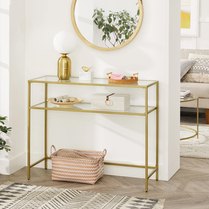 AUSLAUF VASAGLE | Console Table, Tempered Glass Table, Modern Sofa or Entryway Table, Metal Frame, 2 Shelves, Adjustable Feet, for Living Room, Hallway, gold Colour LGT025A01