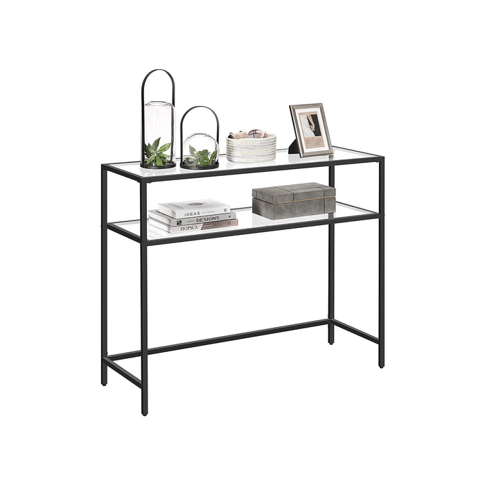 AUSLAUF VASAGLE | Console Table, Tempered Glass Table, Modern Sofa or Entryway Table, Steel Frame, 2 Shelves, Adjustable Feet, for Living Room, Hallway, Black LGT025B01
