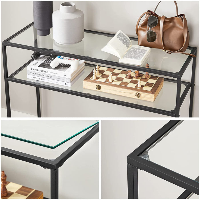 AUSLAUF VASAGLE | Console Table, Tempered Glass Table, Modern Sofa or Entryway Table, Steel Frame, 2 Shelves, Adjustable Feet, for Living Room, Hallway, Black LGT025B01