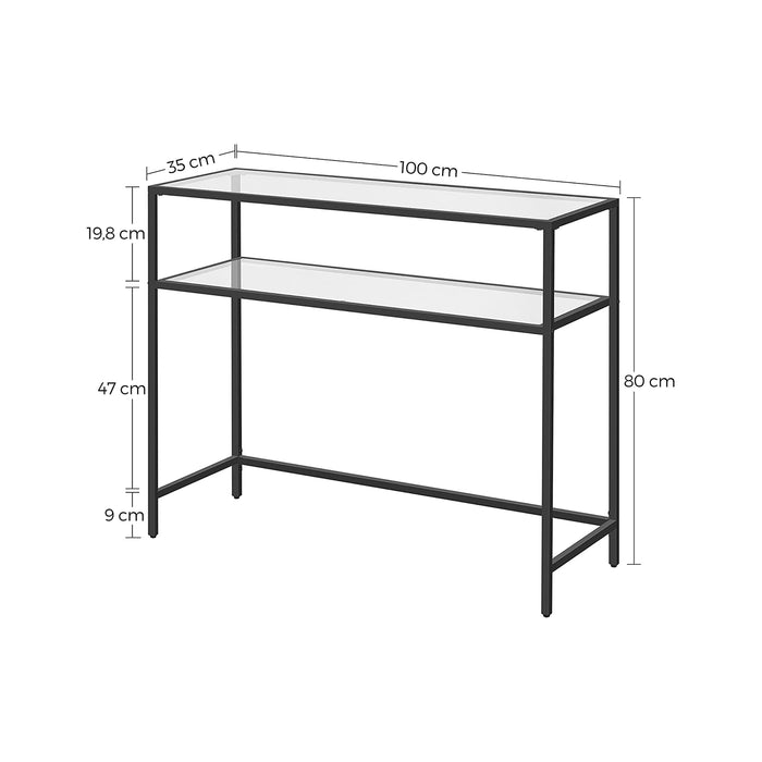 AUSLAUF VASAGLE | Console Table, Tempered Glass Table, Modern Sofa or Entryway Table, Steel Frame, 2 Shelves, Adjustable Feet, for Living Room, Hallway, Black LGT025B01