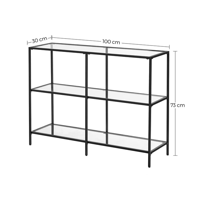 AUSLAUF VASAGLE | Console Table, Sofa Table with 3 Shelves, Tempered Glass Shelf, 30 x 100 x 73 cm, Steel Frame, Modern, for Hallway Living Room Bedroom, Black LGT027B01