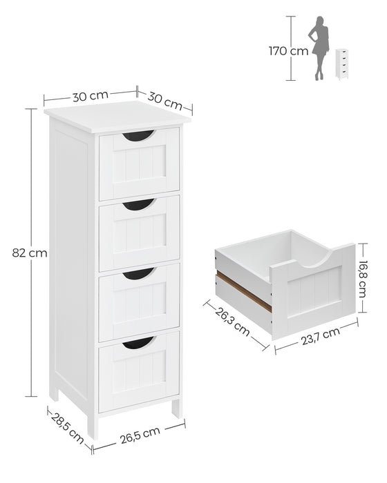 AUSLAUF VASAGLE | LHC40W, Bathroom Cabinet with 4 Drawers, Chest of Drawers, 30 x 30 x 82 cm, for a living room, kitchen und hallway, space saver, weiß