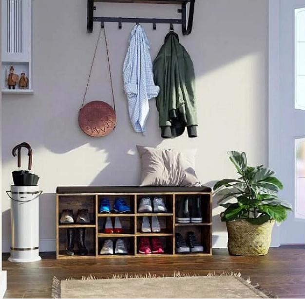 AUSLAUF VASAGLE | Shoe Bench, Shoe Shelf, Shoe Rack, Storage Cabinet, 10 Compartments, with Cushion, for Entryway, 104 x 30 x 48 cm, rustikal braun