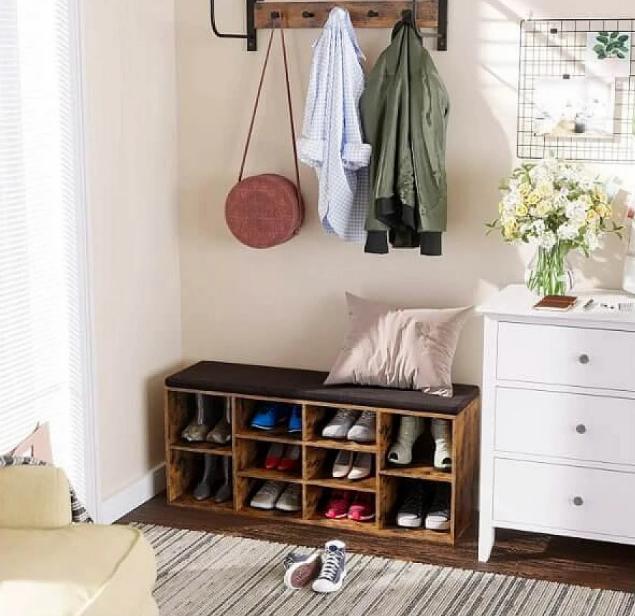 AUSLAUF VASAGLE | Shoe Bench, Shoe Shelf, Shoe Rack, Storage Cabinet, 10 Compartments, with Cushion, for Entryway, 104 x 30 x 48 cm, rustikal braun