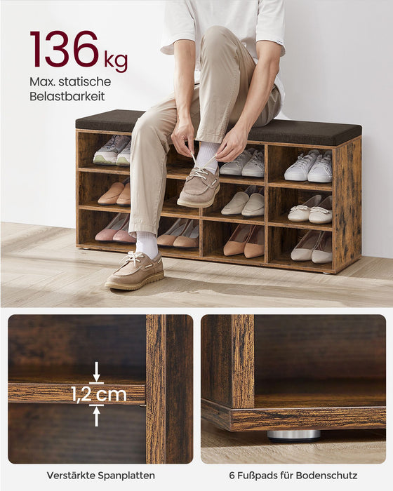 VASAGLE | Schuhbank Sitzbank mit Stauraum 12 Fächer vintagebraun